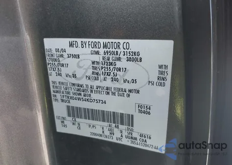 2004 Ford F150 z USA, uszkodzony, nr VIN 1FTRX04W54KD75734